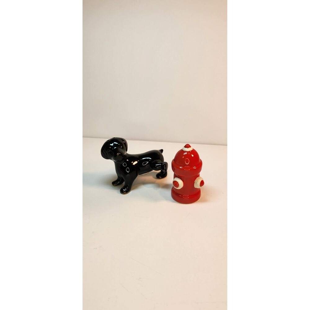 Pier 1 Imports Black Dog and Red Fire Hydrant Salt & Pepper Shakers Ceramic